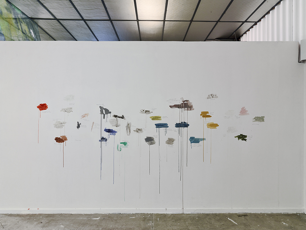 Emmanuel Simon Ressources 2022 Pigment, argile, chaux, eau, terre, sable, poudre de marbre, ciment, poussière, 503 x 280 cm. Vue de l'exposition Et j'ai vu le bout du pays où les nuages sont infinis – Volet II : Vivre l'expérience Le BBB centre d'art, Toulouse, 2022 Crédit photo François Deladerrière